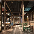 Rustic Restaurant Interior With Wooden Ceiling Colorful Panels Green Plants And Bamboo Decor