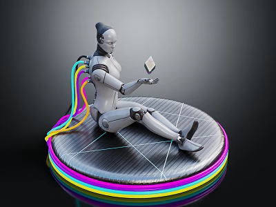 Silver Robot Sitting On Circular Platform With Colorful Neon Rings Holding Small Cube And Cables 3d model