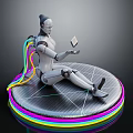 Silver Robot Sitting On Circular Platform With Colorful Neon Rings Holding Small Cube And Cables