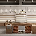 Modern Specialty Store Interior With Wooden Shelves Brick Walls Hanging Lights And Display Counters