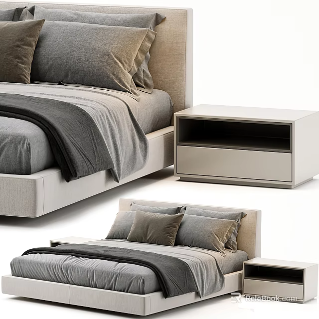 Modern Double Bed Bedroom Furniture With Gray Bedding And White Nightstand 3d model 