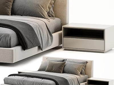 Modern Double Bed Bedroom Furniture With Gray Bedding And White Nightstand 3d model
