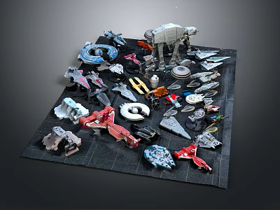 Assorted Sci-Fi Model Spaceships Displayed On Black Mat With Various Designs 3d model
