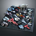 Assorted Sci-Fi Model Spaceships Displayed On Black Mat With Various Designs 3d model
