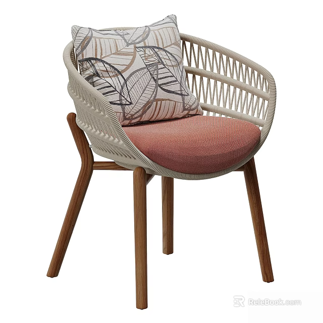 Modern Woven Outdoor Chair With Solid Wood Legs Comfortable Padded Seat And Leaf Print Pillow 3d model 