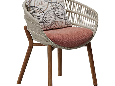 Modern Woven Outdoor Chair With Solid Wood Legs Comfortable Padded Seat And Leaf Print Pillow 3d model