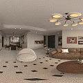 Patterned Accent Chair by Large Window with City View Curved Floor Lamp and Neutral Curtains