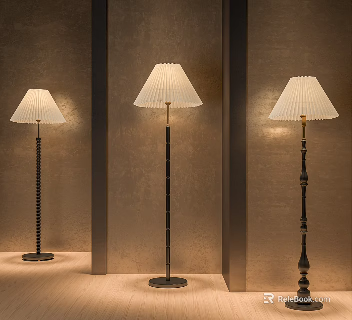 Modern Floor Lamps With Pleated Shades And Black Metal Bases In Interior 3d model 