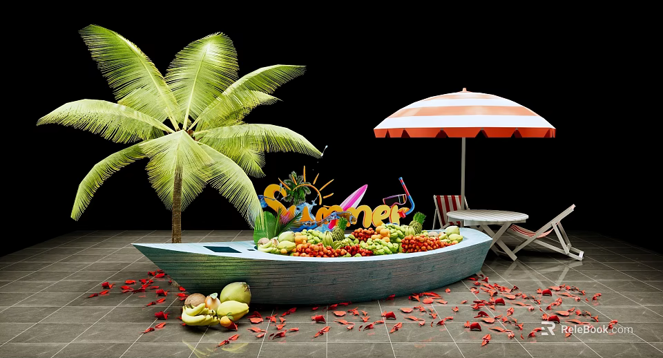 Summer Themed Fruit Boat Display With Palm Tree Umbrella And Lounge Chairs 3d model 