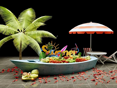 Summer Themed Fruit Boat Display With Palm Tree Umbrella And Lounge Chairs 3d model