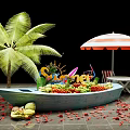 Summer Themed Fruit Boat Display With Palm Tree Umbrella And Lounge Chairs