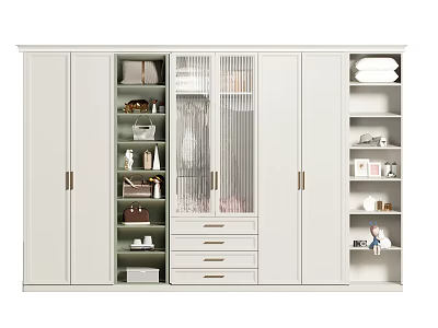 White Modern Wardrobe With Mesh Door Drawers And Open Storage Shelves 3d model