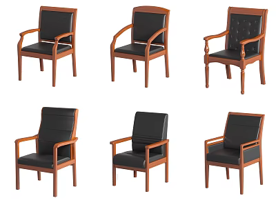Different Design Office Chairs With Leather Seats Wooden Armrests And Backrests 3d model