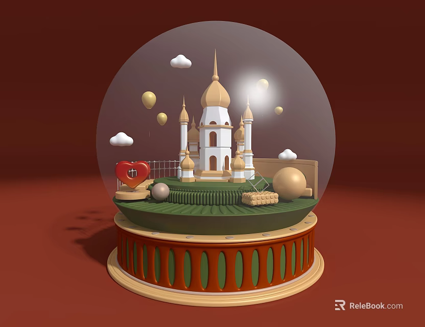 Elegant Decorative Ornament Set With Castle Golden Spires Clouds Balloons And Green Brown Base 3d model 