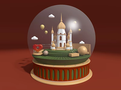 Elegant Decorative Ornament Set With Castle Golden Spires Clouds Balloons And Green Brown Base 3d model