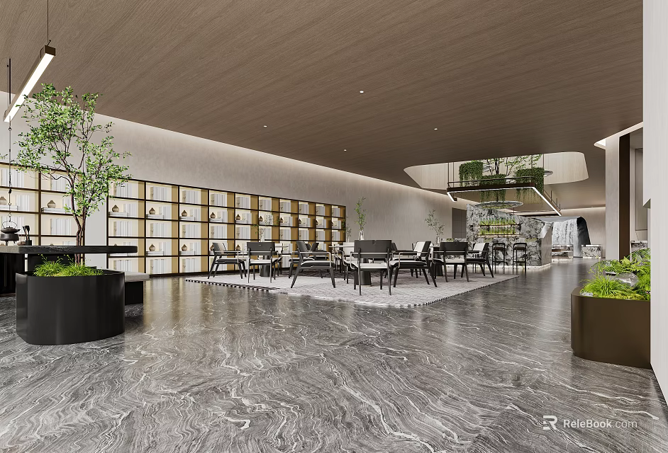 Modern Sales Office Lobby With Marble Floor Green Plants And Sofa Seating 3d model 