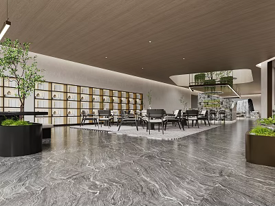 Modern Sales Office Lobby With Marble Floor Green Plants And Sofa Seating 3d model
