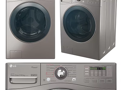 LG Pulsator Washing Machines Featuring Modern Stainless Steel Design And Smart Inverter Control Panel 3d model