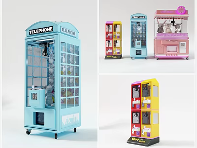 Colorful Amusement Equipment Including Telephone Booth Style Claw Machines And Vending Machines 3d model