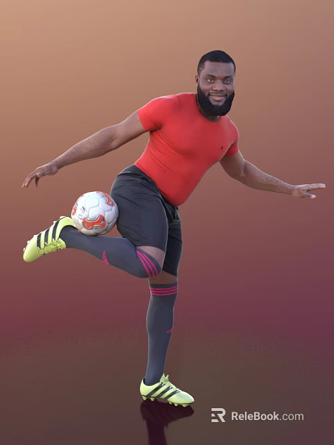 Man In Red T-shirt And Black Shorts Controlling Soccer Ball On Gradient Background 3d model 
