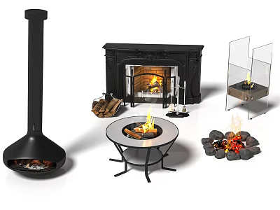 Different Fireplace Types Traditional Hanging Tabletop and Glass Screen with Flames and Firewood 3d model
