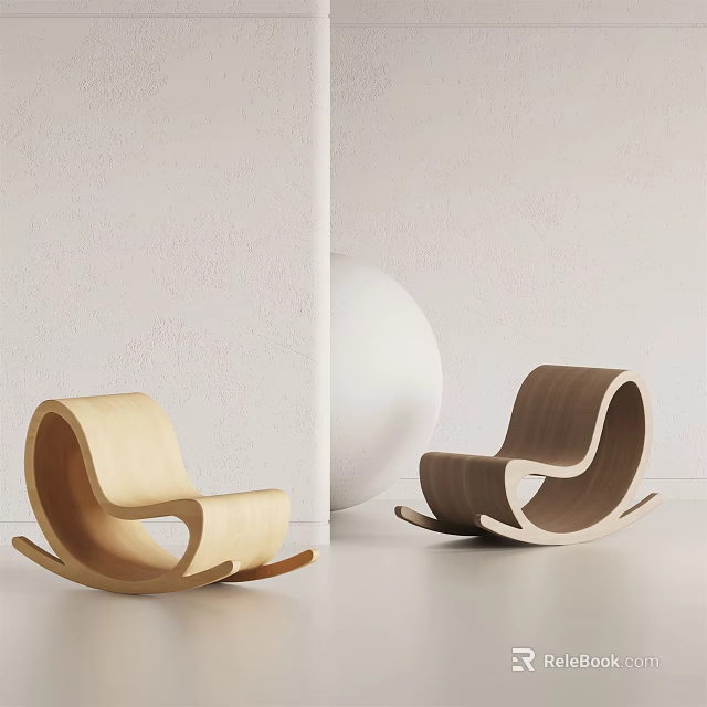 Minimalist Wooden Rocking Lounge Chairs In Two Tone Design With White Wall Sphere Decoration 3d model 