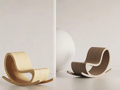 Minimalist Wooden Rocking Lounge Chairs In Two Tone Design With White Wall Sphere Decoration 3d model