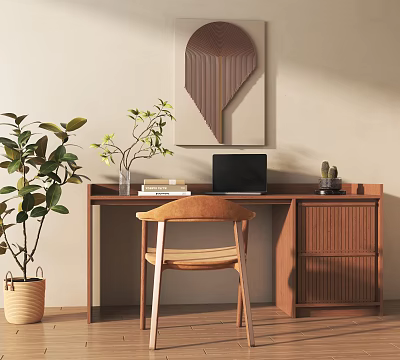 Wooden Desk With Laptop Books Vase Chair And Large Potted Plant Near Decorative Painting 3d model