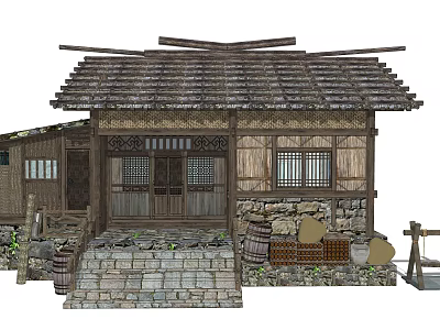 Traditional Rural Architecture With Thatch Roof Wooden Structure Stone Walls And Barrels 3d model