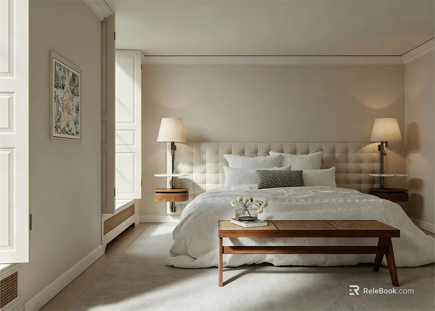 Modern Bedroom Interior With Upholstered Headboard Nightstands Table Lamps And Wooden Bench 3d model 