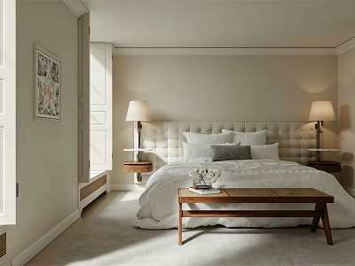 Modern Bedroom Interior With Upholstered Headboard Nightstands Table Lamps And Wooden Bench 3d model