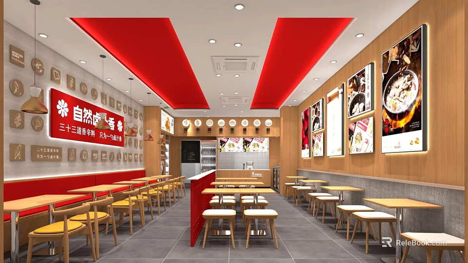 Bright Red Ceiling Restaurant Interior with Wooden Walls Tables Chairs and Menu Posters 3d model 