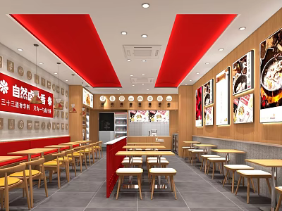 Bright Red Ceiling Restaurant Interior with Wooden Walls Tables Chairs and Menu Posters 3d model