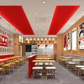 Bright Red Ceiling Restaurant Interior with Wooden Walls Tables Chairs and Menu Posters