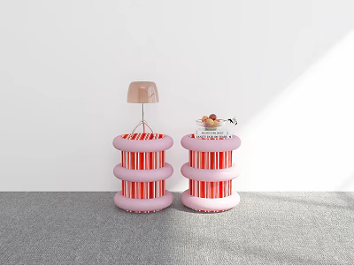 Two Pink And Red Striped Bedside Tables With Lamp And Fruit Plate Layered Design 3d model