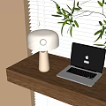 Modern White Table Lamp On Wooden Desk With Laptop Green Leaves And Window Blinds