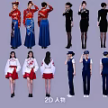 Multiple 2D Characters in Different Traditional Costumes and Uniforms with Various Poses