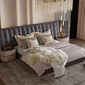 Elegant Modern Bedroom Interior With Dark Leather Headboard Crystal Chandelier And Round Nightstand