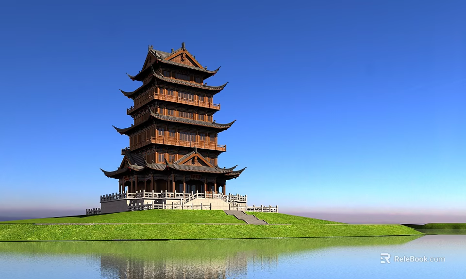 Traditional Ancient Chinese Pagoda Architecture with Multi Story Eaves Green Grassland and Water Surface 3d model 