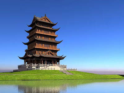 Traditional Ancient Chinese Pagoda Architecture with Multi Story Eaves Green Grassland and Water Surface 3d model