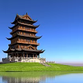 Traditional Ancient Chinese Pagoda Architecture with Multi Story Eaves Green Grassland and Water Surface