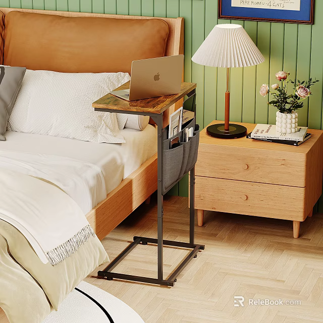 Double Bed with Wooden Headboard White Gray Pillows Side Table Laptop and Wooden Nightstand 3d model 