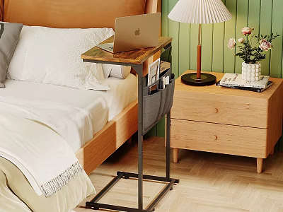 Double Bed with Wooden Headboard White Gray Pillows Side Table Laptop and Wooden Nightstand 3d model