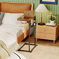 Double Bed with Wooden Headboard White Gray Pillows Side Table Laptop and Wooden Nightstand