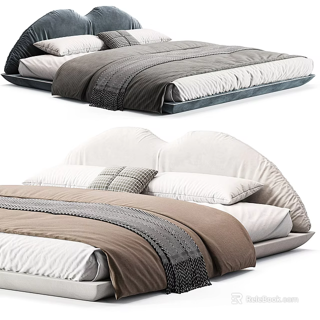 Modern Double Bed With Curved Upholstered Headboard And Comfortable Striped Bedspread 3d model