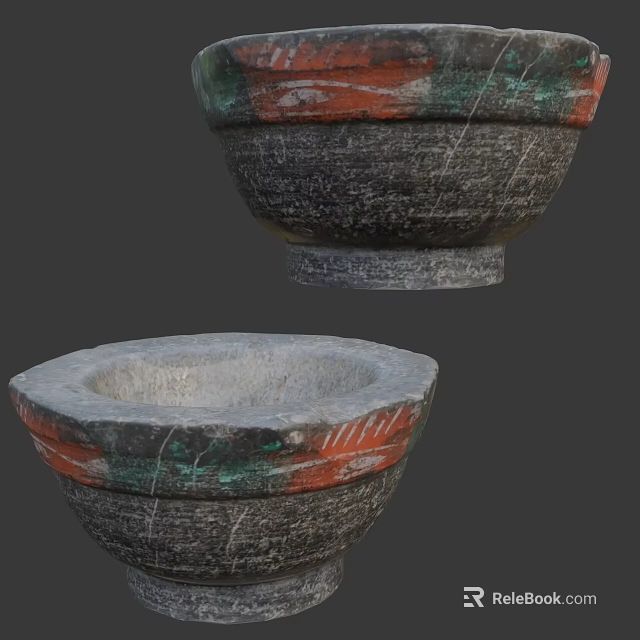 Traditional Stone Tableware Set With Colored Edge Design And Textured Surface Bowls 3d model