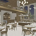 Commercial Street Interior With Two Floors Brick Walls Chandeliers Arched Doorways And Tables