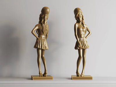 Pair of Golden Female Figure Landscape Sculptures With Dress Hat And Base 3d model