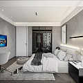 Modern Bedroom Interior With King Size Bed Glass Door Wardrobe Wall Art And Desk Chair