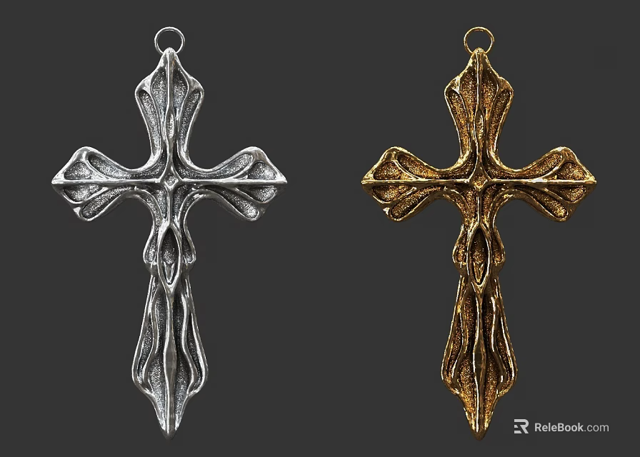 Silver and Gold Leaf Shaped Cross Pendant Intricate Design Jewelry Accessory 3d model 